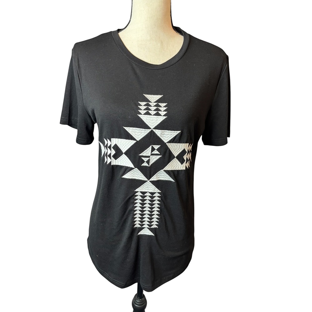 Crazy Train Womens Black Silver Aztec Geometric Graphic T-Shirt Small